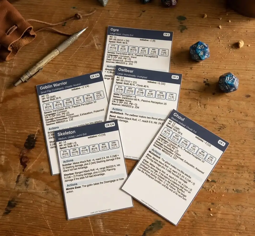 Printable D&D 5e monster cards spread out on a wooden table